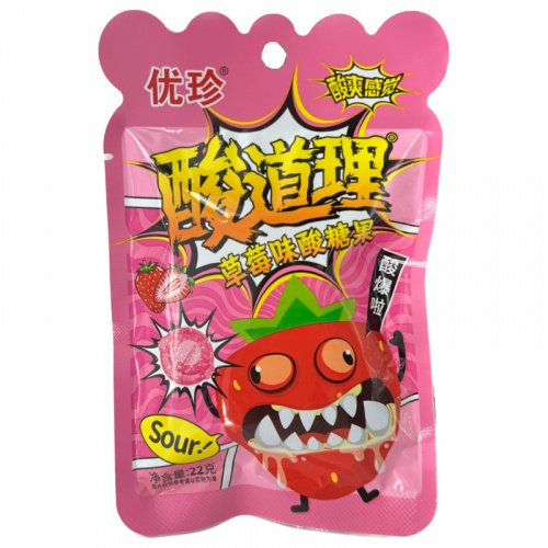 Карамель Hong Tai Kee "Crazy Strawberry" кислая с шипучкой со вкусом клубники 22г